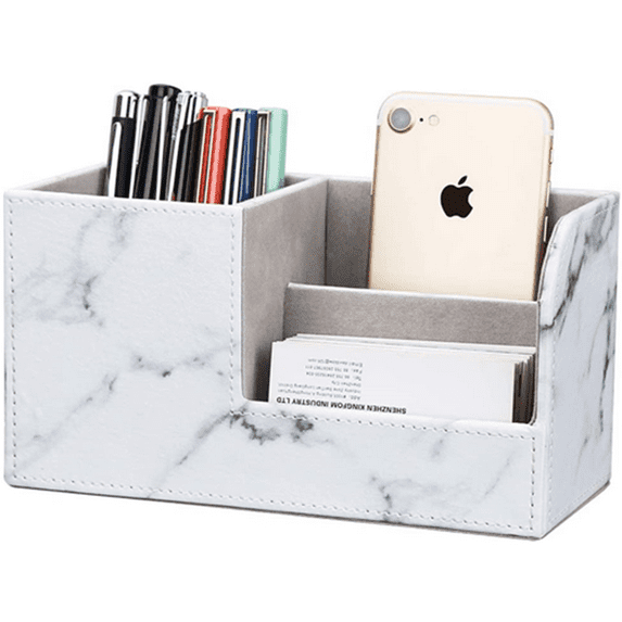 KINGFOM Pen Holder, PU Leather Desk Organizer Home School Office Stationery Storage Box Office Supplies Organizer Business Card Holder White Marble