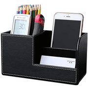 KINGFOM Pen Holder, PU Leather Desk Organizer Office Stationery Storage Box Office Supplies Organizer Business Card Holder Grad Gift Black