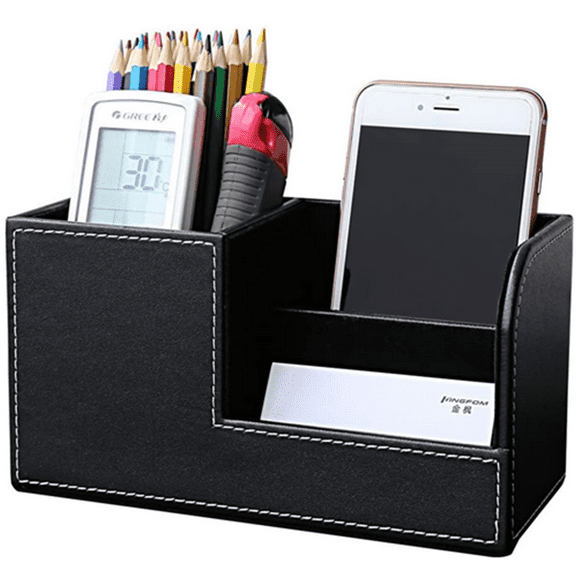 KINGFOM Pen Holder, PU Leather Desk Organizer Office Stationery Storage Box Office Supplies Organizer Business Card Holder Grad Gift Black