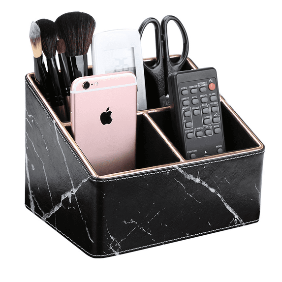 KINGFOM Remote Control Holder, Leather Remote Holder Remote Caddy Remote Storage Box Remote Organizer Desktop Organizer Pen Holder(Black Marble)