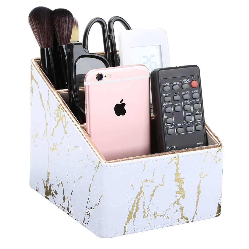 Kingfom Remote Organizer, White Marble Leather Desktop Caddy with 3 ...