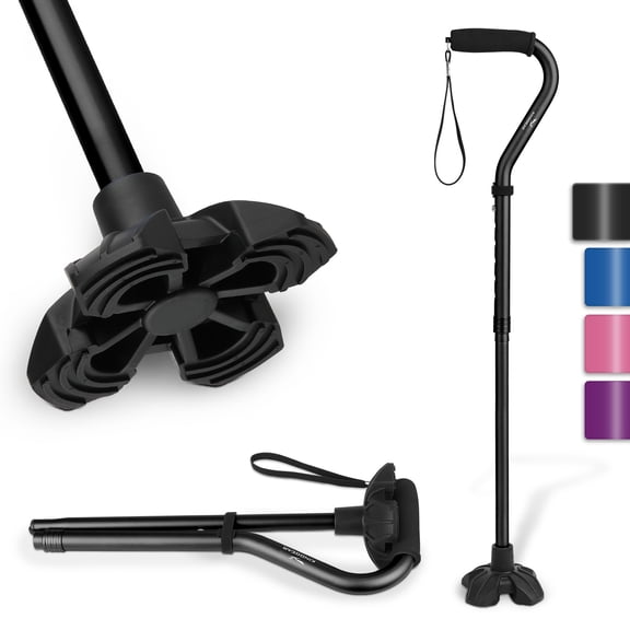 KINGGEAR Adjustable Folding Walking Cane, Self-Standing Offset Handle Cane with Large Quad Base,Black