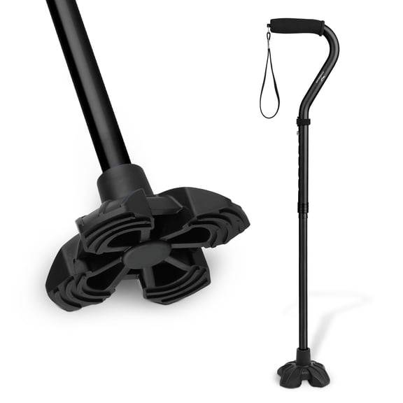 KINGGEAR Adjustable Folding Walking Cane, Self-Standing Offset Handle Cane with Large Quad Base,Black