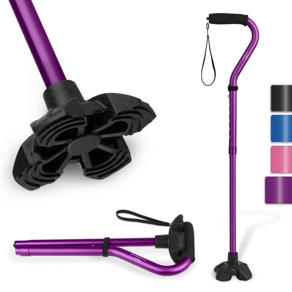 Kinggear Adjustable Folding Walking Cane with Offset Handle and Large Quad Base,Purple