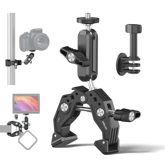 KINGJOY Super Clamp with 360 Magic Arm Double Ball Head, 1/4"-20 & 3/8"-16 Thread Camera Mount Adapter for DSLR, Monitor, LED Light, Action Camera, Bike Handle - Aluminum Alloy