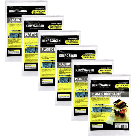 KINGORIGIN 6-Pack Plastic Drop Cloth, for Against Paint Spills and Dust - 9 x 12 Feet