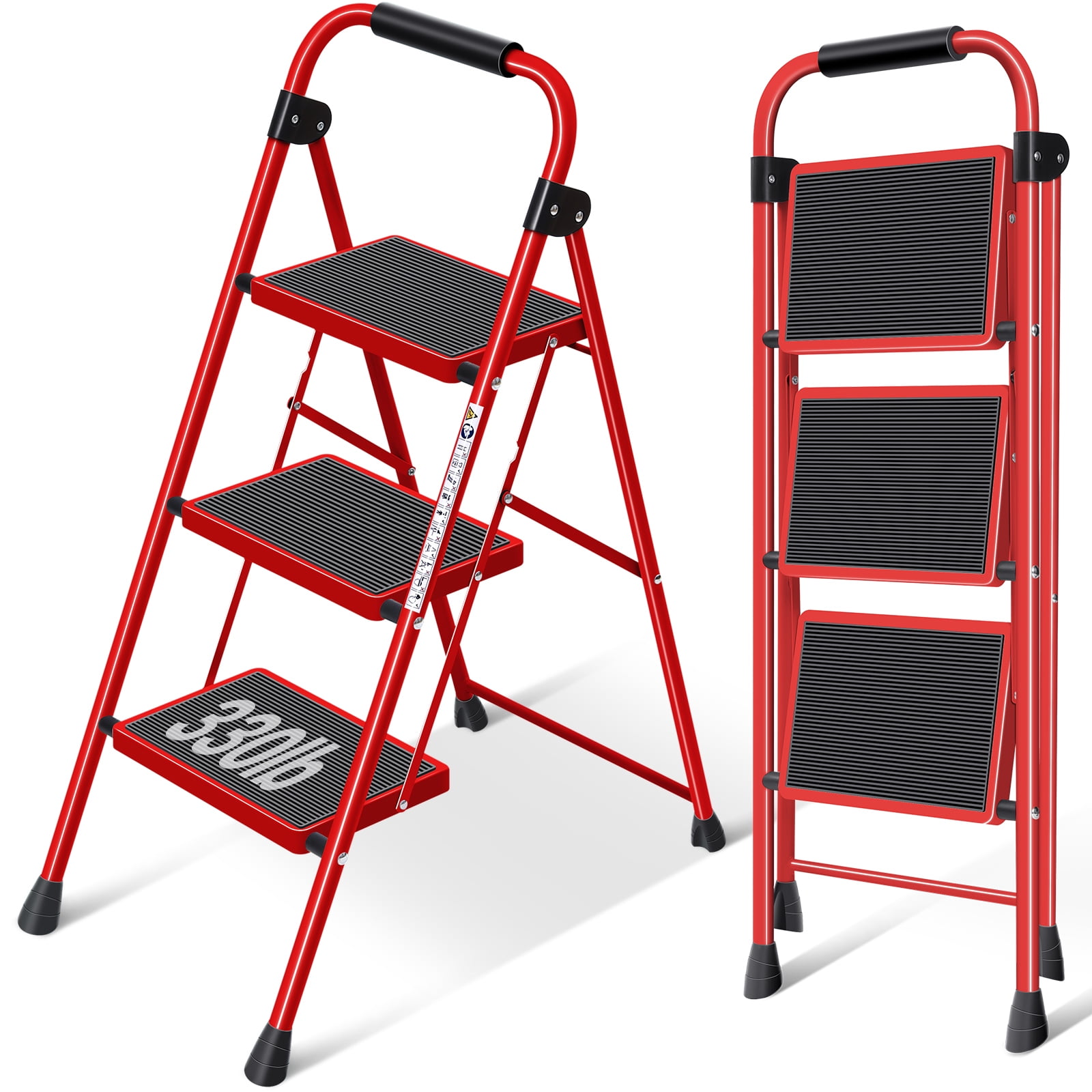 KINGRACK 3 Step Ladder, Folding Steel Step Stool with Handrail, 330 lbs