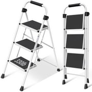 KINGRACK 3 Step Ladder, Folding Step Stool with Handrail & Steel Wide Anti-Slip Pedal and 330lb Capacity, White