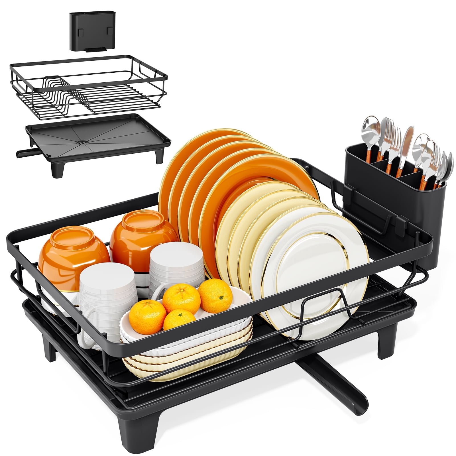 KINGRACK Dish Drying Rack, Large Dish Rack with Drainboard and Cup & Utensil Holders, Stainless Steel, Over Sink or Counter, Black