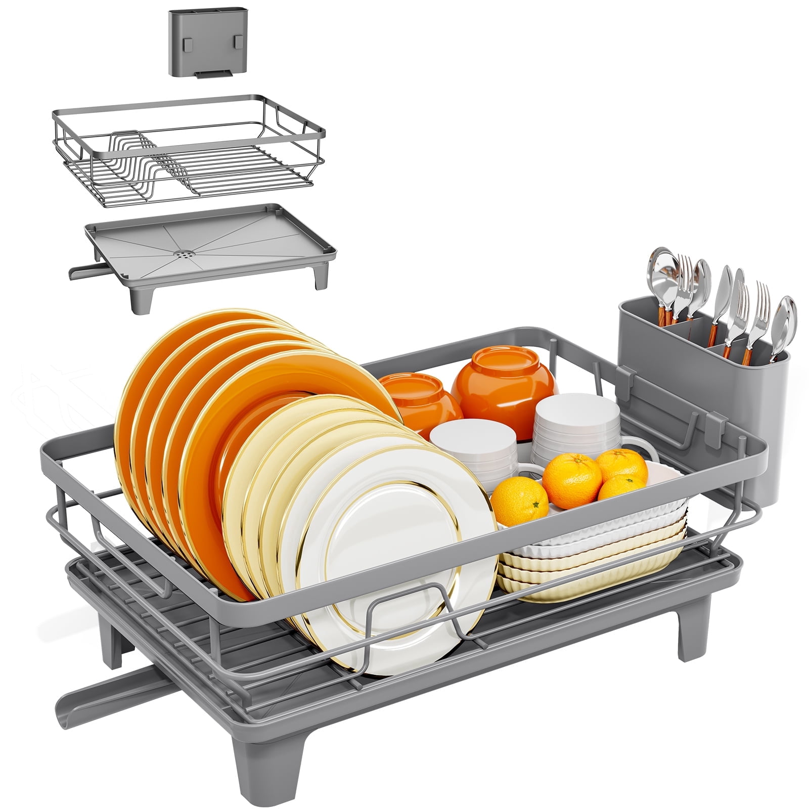 KINGRACK Dish Drying Rack, Large Dish Rack with Drainboard and Cup & Utensil Holders, Stainless Steel, Over Sink or Counter, Gray