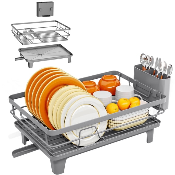 KINGRACK Dish Drying Rack, Large Dish Rack with Drainboard and Cup & Utensil Holders, Stainless Steel, Over Sink or Counter, Gray
