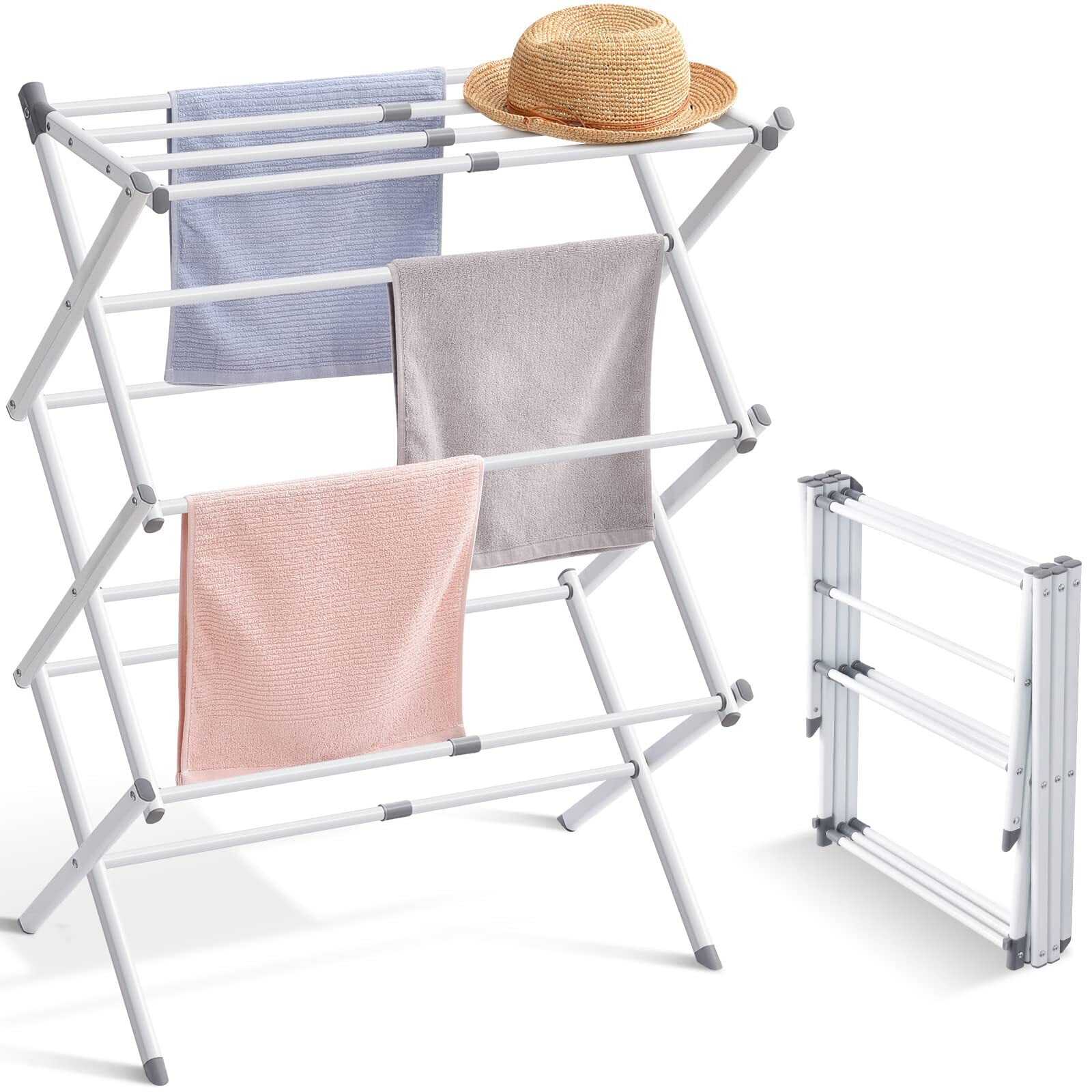 Giantex Foldable Clothes Drying Rack, Oversized 4-Tier Collapsible Laundry  Rack w/ 3 Retractable Trays, Hanger Holders, Moveable Laundry Garment Dryer