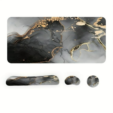KINGSS Black and Grey Marble Texture Large Gaming mouse Pad and Keyboard Wrist Rest Ergonomic Wrist Support Golden Mouse Pads Cup Mat 4-in-1 Set Non-Slip Desk Pad Suitable for Office  Hom