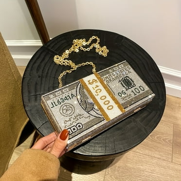 KINGSS Dollar Bill Design Clutch  Rhinestone Evening Bag  Creative Personalized Handbag With Chain Shoulder Strap  Small Party Crossbody Purse  Lipstick Bag