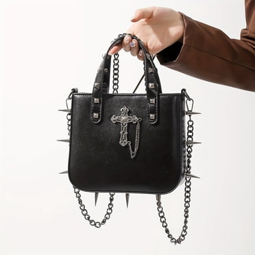 Halloween Trendy Cool Rivet Decor Handbag, Gothic Style Crucifix Chain Handbag, Perfect Handbag for Halloween Festival And Daily Use