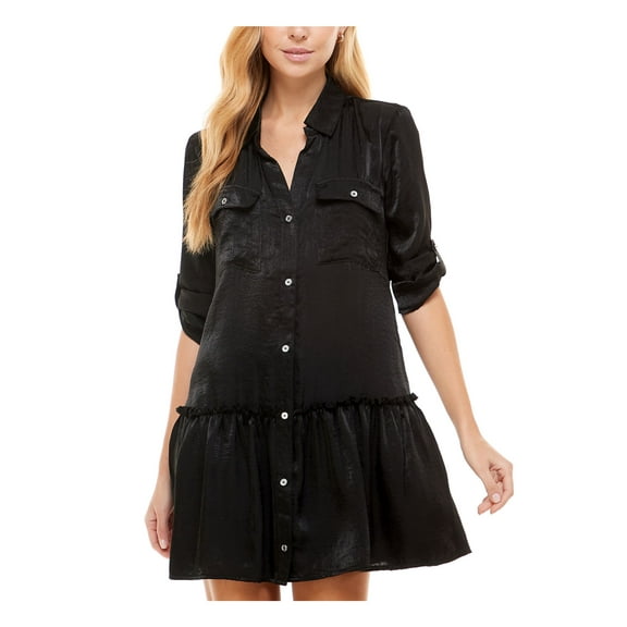 KINGSTON GREY Womens Black Ruffled Pocketed Button Front Roll-tab Sleeve Collared Mini Shirt Dress L