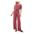 thumbnail image 1 of KINGSTON GREY Womens Burgundy Ruffled Self Tie Belt Pull On Style Floral Short Sleeve Off Shoulder Straight leg Jumpsuit Juniors L, 1 of 4