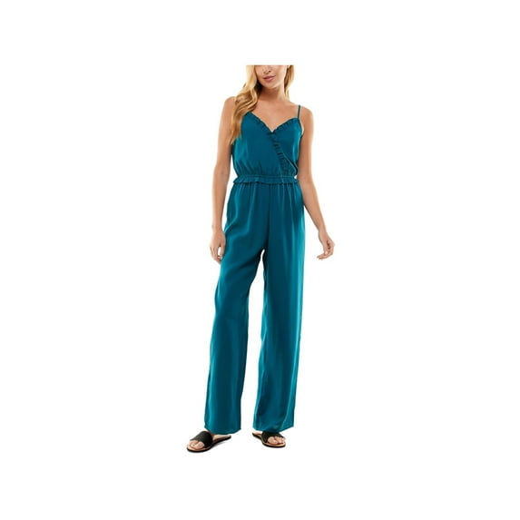 KINGSTON GREY Womens Teal Ruffled Adjustable Spaghetti Strap Surplice Neckline Wide Leg Jumpsuit S
