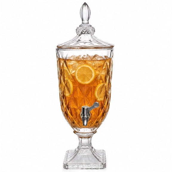 KINGSTONE 1.3 Gallon Glass Beverage Dispenser with Leak-Proof Spigot, 169 oz Extra Large Wine Decanter with Diamond-Ribbed Design & Lid for Parties, Weddings