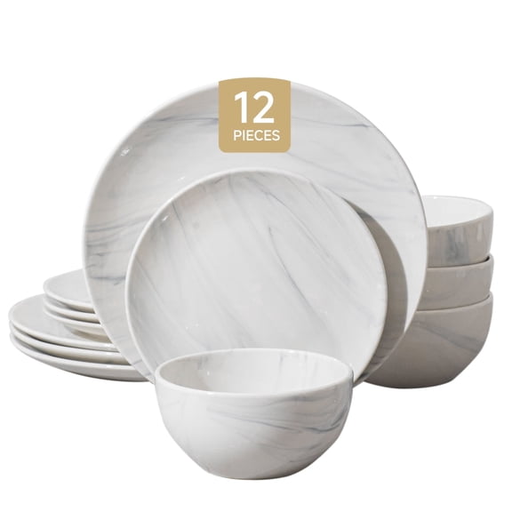 KINGSTONE 12-Piece Stoneware Dinnerware Set for 4, Scratch-Resistant Ceramic Plates and Bowls Dishes for Home, Kitchen, Microwave & Dishwasher Safe, Marble White