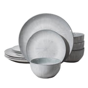 KINGSTONE 12-Piece Dinnerware Set, Gray Radial Reactive Glaze Ceramic, Service for 4, Plates and Bowls Set, Dishwasher & Microwave Safe