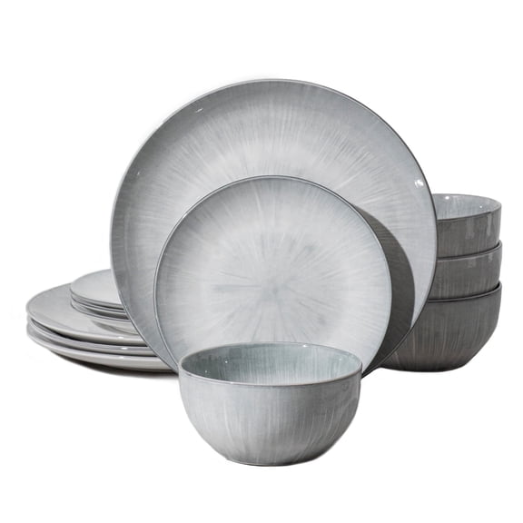 KINGSTONE 12-Piece Dinnerware Set, Gray Radial Reactive Glaze Ceramic, Service for 4, Plates and Bowls Set, Dishwasher & Microwave Safe