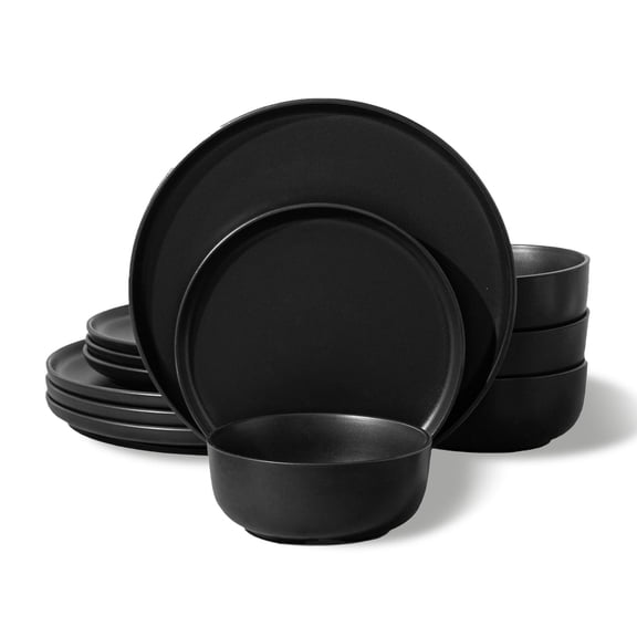 KINGSTONE 12‑Piece Dinnerware Set, Matte Black Stoneware, Service for 4, Plates and Bowls Set, Microwave & Dishwasher Safe