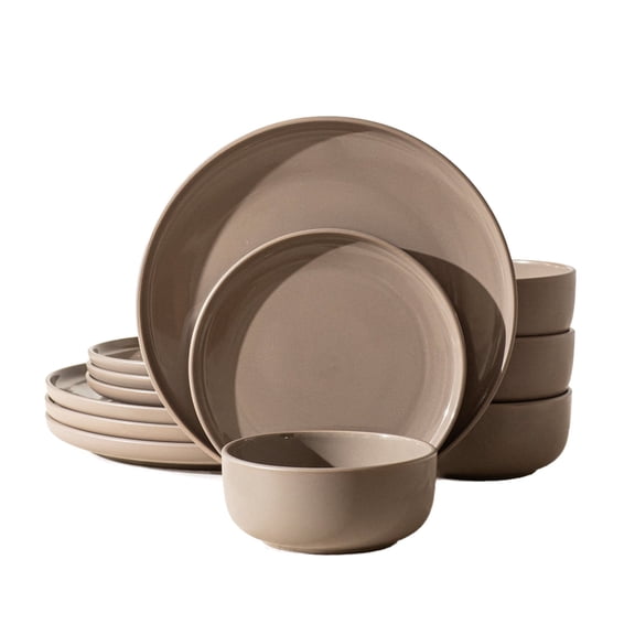 KINGSTONE 12-Piece Matte Taupe Stoneware Solid Design Dinnerware Set