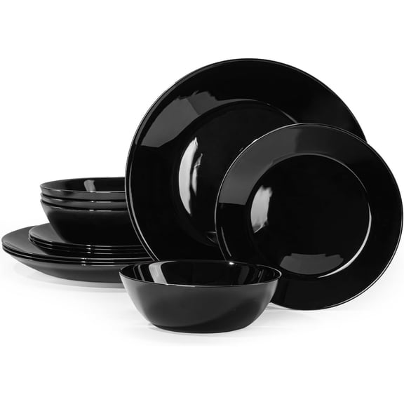 KINGSTONE 12-Piece Plates and Bowls Set, Glass Dinnerware Sets for 4