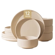 KINGSTONE 12-Piece Ceramic Dinnerware Set for 4, Beige Ribbed Plates and Bowls Sets, Microwave & Dishwasher Safe