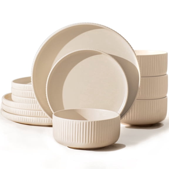 KINGSTONE 12-Piece Dinnerware Set for 4, Scratch-Resistant Kitchen Ceramic Plates and Bowls, Microwave & Dishwasher Safe, Lightweight Stackable Porcelain, Beige