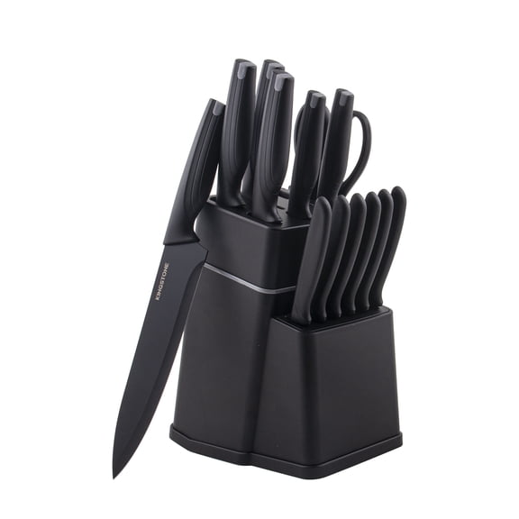 KINGSTONE 15-Piece Black Kitchen Knife Set, High Carbon Stainless Steel Cutlery with Storage Block, Cutting Board, Sharpener & Dishwasher Safe