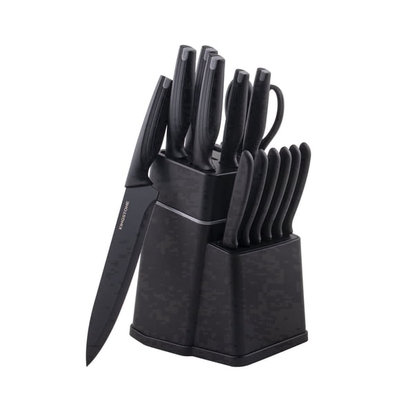 KINGSTONE 15-Piece Black Kitchen Knife Set, 347Stainless Stee, High Carbon Stainless Steel Cutlery with Storage Block, Cutting Board, Sharpener & Dishwasher Safe