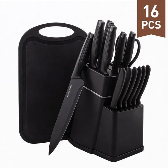 KINGSTONE 16-Piece Black Kitchen Knife Set with Block, Cutting Board & Sharpener, Dishwasher Safe Stainless Steel Cutlery