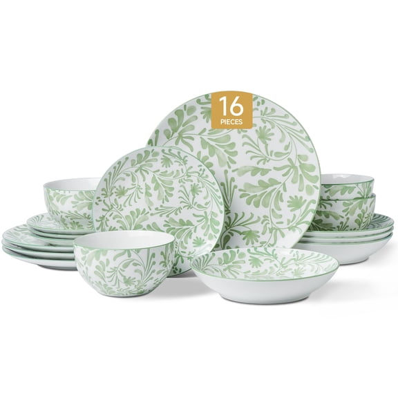 KINGSTONE 16-Piece Green Floral Porcelain Dinnerware Set, Service for 4, Microwave & Dishwasher Safe