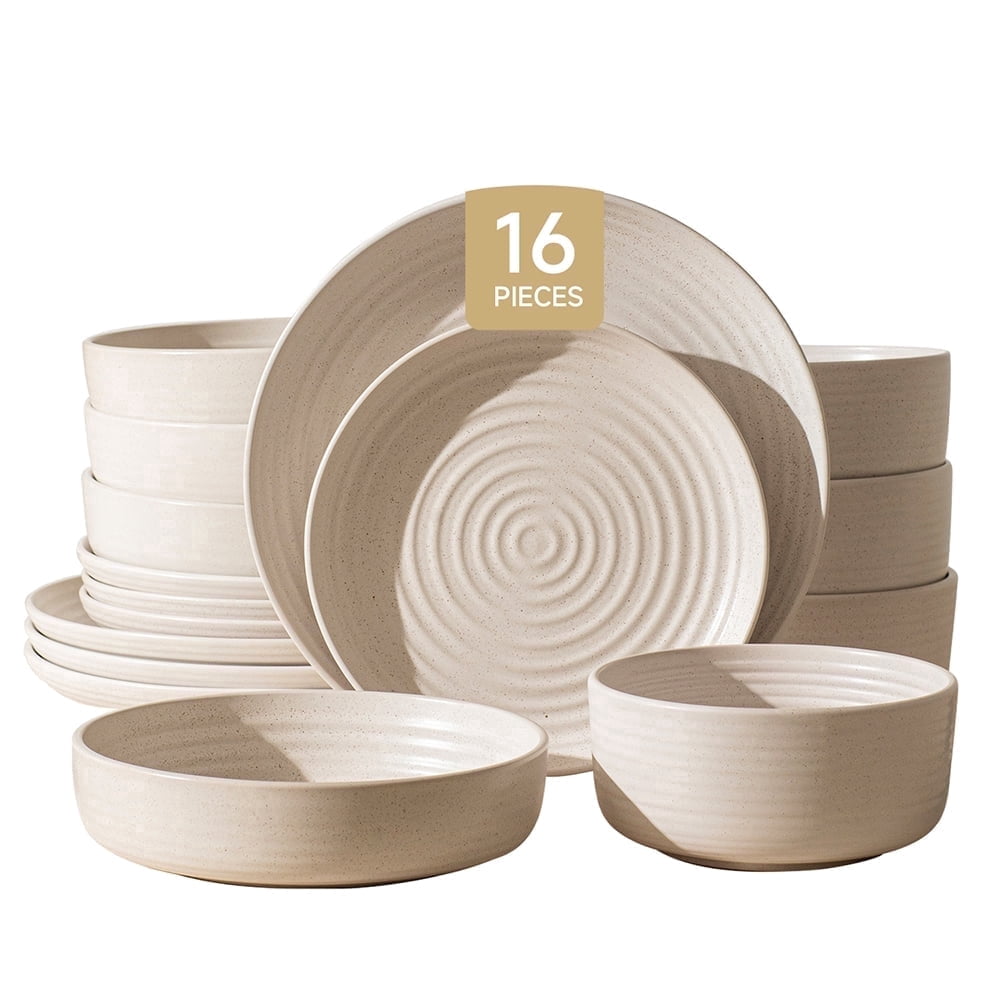 KINGSTONE 16-Piece Stoneware Plates and Bowls Sets for 4, Dinnerware Set for New Apartment Essentials, Microwave & Dishwasher Safe, Speckled White
