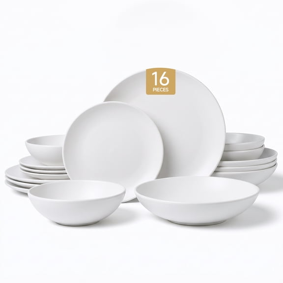 KINGSTONE 16‑Piece Stoneware Dinnerware Set, Matte White Plates and Bowls Dishes Set, Service for 4, Dishwasher & Microwave Safe for Daily Kitchen Use