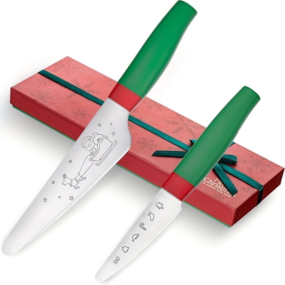 KINGSTONE 2-Piece Kitchen Knife Set with Gift Box, Stainless Steel Chef Knives with Christmas Pattern, Ergonomic Cutlery Set, Round Tip Safety Knives for Home Cooking