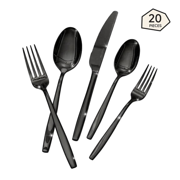 KINGSTONE 20-Piece Silverware Set for 4, 18/10 Stainless Steel Flatware Set, Cutlery Utensil Set, Mirror Polished, Dishwasher Safe, Black
