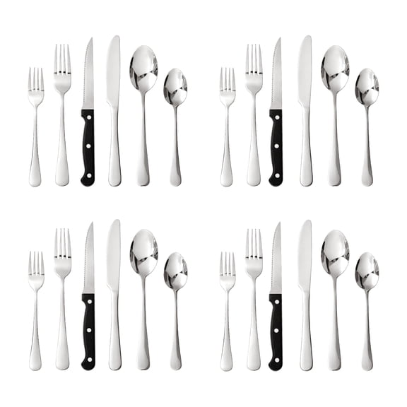 KINGSTONE 24-Pieces Silverware Set with Steak Knives, Silver Flatware Set for 4, Food-Grade Stainless Steel Tableware Cutlery Set, Mirror Polished Utensils for Home & Restaurant, Dishwasher Safe