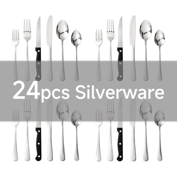 KINGSTONE 24-Pieces Silverware Set with Steak Knives, Silver Flatware Set for 4, Food-Grade Stainless Steel Tableware Cutlery Set, Mirror Polished Utensils for Home & Restaurant, Dishwasher Safe