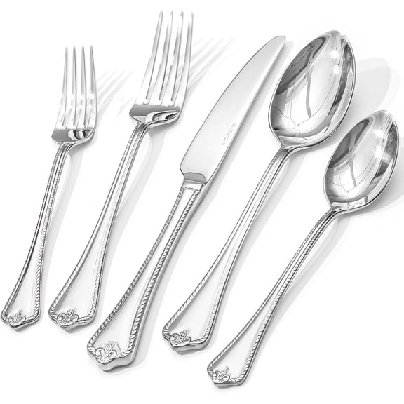 KINGSTONE 30-Pieces Silverware Set with Steak Knives, 18/10 Stainless Steel Flatware Cutlery Set for 6, Fancy Embossed Tableware Eating Utensils for Home Kitchen Apartment, Dishwasher Safe