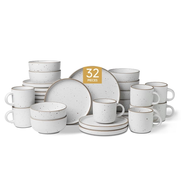 KINGSTONE 32‑Piece Speckled Stoneware Dinnerware Set, Neutral Taupe Rim, Service for 8, Plates Bowls Mugs, Microwave & Dishwasher Safe