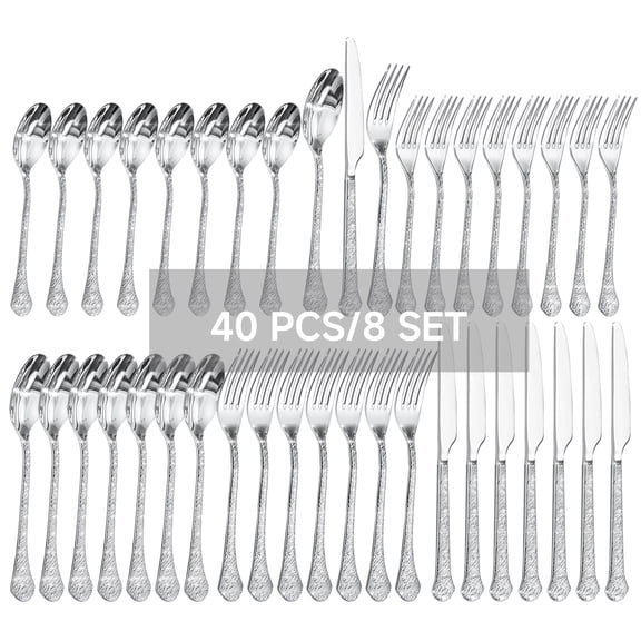 KINGSTONE 40-Piece 18/10 Stainless Steel Silverware Set, Hammered Handle Flatware set for 8, Dishwasher Safe, Fingerprint Resistant, Mirror Polished