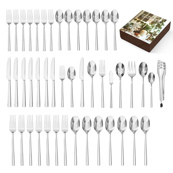 KINGSTONE 46-Piece Silverware Set with Serving Pieces, 18/10 Stainless Steel Flatware Service for 8, Mirror Polished Cutlery, Dishwasher Safe