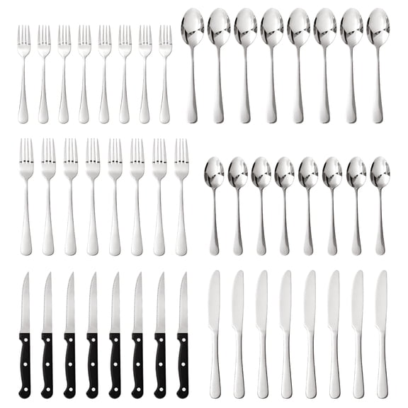 KINGSTONE 48-Pieces Silverware Set with Steak Knives, Silver Flatware Set for 8, Food-Grade Stainless Steel Tableware Cutlery Set, Mirror Polished Utensils for Home & Restaurant, Dishwasher Safe