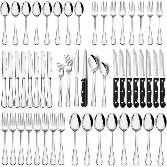 KINGSTONE 48-Pieces Silverware Set with Steak Knives, Silver Flatware Set for 8, Food-Grade Stainless Steel Tableware Cutlery Set, Mirror Polished Utensils for Home & Restaurant, Dishwasher Safe