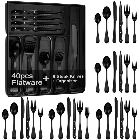 KINGSTONE 49-Piece Black Silverware Set for 8, 304 Stainless Steel Flatware with Organizer and Steak Knives, Dishwasher Safe