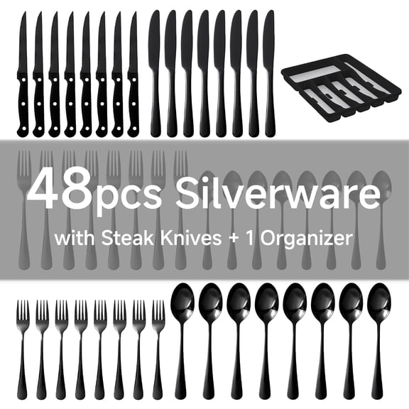 KINGSTONE 49-Piece Black Silverware Set for 8, 304 Stainless Steel Flatware with Organizer and Steak Knives, Dishwasher Safe