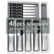 KINGSTONE 49-Piece Black Silverware Set for 8, 304 Stainless Steel Flatware with Organizer and Steak Knives, Dishwasher Safe